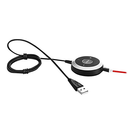 Runder, schwarzer Jabra-Lautsprecher mit Kabel. An der Seite ist ein USB-Stecker, der an einen Computer angeschlossen werden kann.