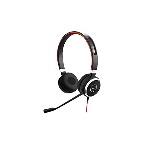 Schwarzes Jabra-Headset mit rotem Akzent, Mikrofon und Logo.