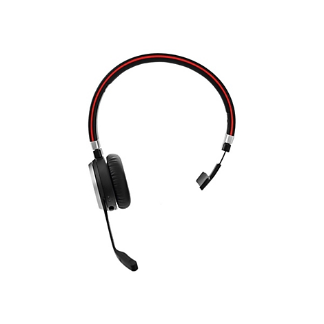Schwarzes Headset mit rotem Streifen am Bügel und Mikrofon, vor weißem Hintergrund.