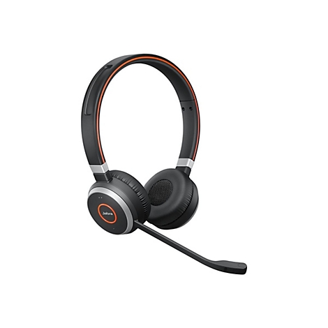 Schwarzes Jabra-Headset mit orangefarbenen Akzenten, Mikrofon und silbernen Details auf weißem Hintergrund.