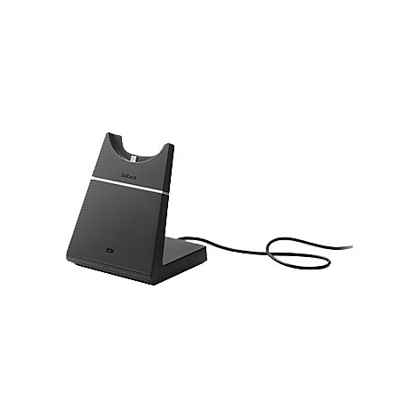 Schwarze Jabra-Ladestation mit Kabel. Oben: Jabra-Logo, unten: Ladeanzeige.