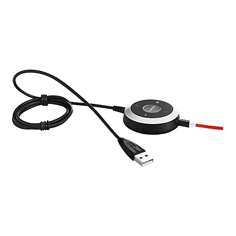 Schwarzes Jabra-Headset mit USB-Anschluss, rundem Bedienfeld und rotem Kabelende.