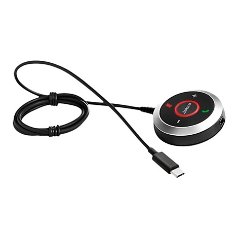 Haut-parleur Jabra rond. Des boutons sont sur la surface noire. Un cercle rouge entoure un bouton et le logo Jabra. Un cÃ¢ble noir avec un connecteur USB-C est connectÃ©.