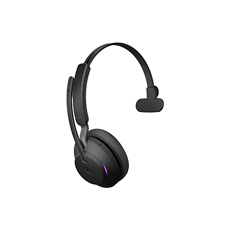 Schwarzes Jabra-Headset, Detailaufnahme, weißer Hintergrund. Der Schriftzug 'Jabra' ist sichtbar.