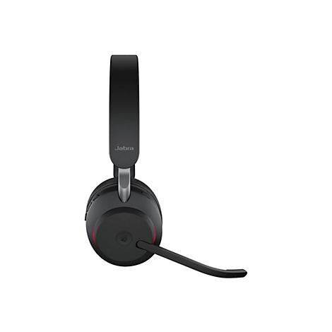 Schwarzes Jabra-Headset mit Mikrofonarm und roter Akzentbeleuchtung.