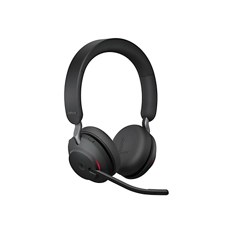 Schwarzes Jabra-Headset, Bügel über dem Kopf, Mikrofon, rote LED.