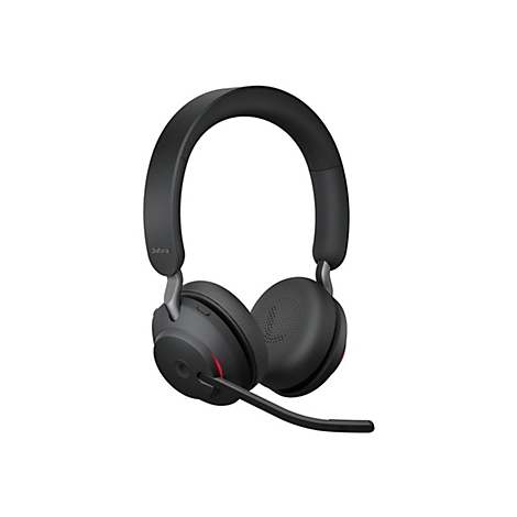 Casque Jabra noir avec microphone, des détails tels que le nom de la marque et une lumière rouge sont visibles.