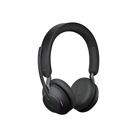 Gros plan d'un casque Jabra noir. Logo "Jabra" visible sur l'arceau.