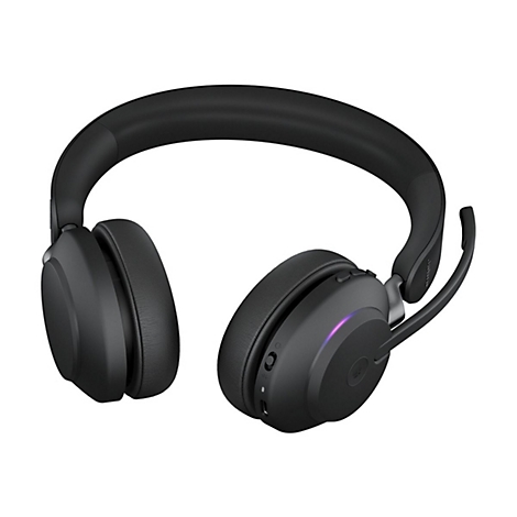 Casque supra-auriculaire noir avec microphone, prise de vue détaillée. Le logo Jabra est visible.