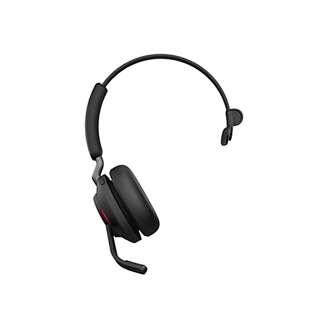 Schwarzes Headset mit Mikrofon, Detailansicht. Gepolsterte Ohrmuschel, Bügel. Roter Lichtpunkt.