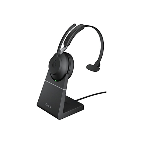 Schwarzes Jabra-Headset mit Ladestation, Mikrofon und Firmenlogo auf weißem Grund.