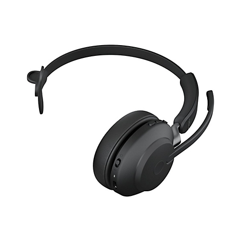 Schwarzer Over-Ear-Kopfhörer mit Mikrofon, das vom rechten Ohrhörer ausgeht. Der Bügel ist gebogen, das Design ist modern.