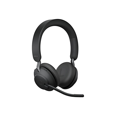 Schwarzes Jabra-Headset mit Mikrofon. Es liegt vor weißem Hintergrund.