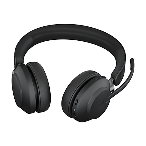 Schwarzer Over-Ear-Kopfhörer mit Mikrofon, Nahaufnahme vor weißem Hintergrund. Die Marke Jabra ist auf dem Mikrofonarm sichtbar.