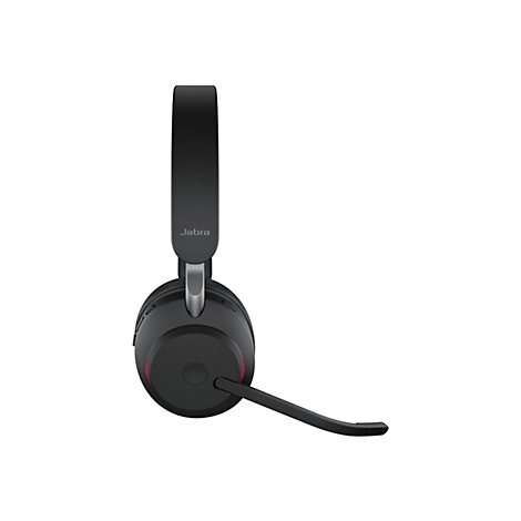 Schwarzes Headset mit Mikrofon, Marke Jabra. Sichtbar sind die Kopfhörer und ein Mikrofonarm.
