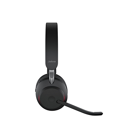 Schwarzes Jabra-Headset mit Mikrofon, auf weißem Hintergrund. Der Bügel ist nach oben gerichtet, das Mikrofon zeigt nach rechts.