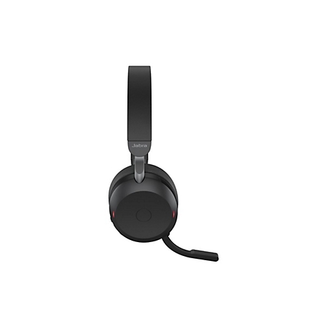 Schwarzes Headset mit Jabra-Logo. Bügel und Ohrmuschel sind sichtbar, Mikrofon am rechten Ohr.