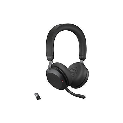 Schwarzer Jabra-Over-Ear-Kopfhörer mit Mikrofon, USB-Dongle auf weißem Hintergrund.