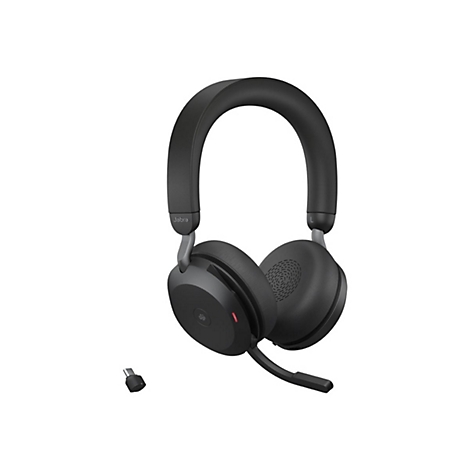Schwarzer Jabra-Kopfhörer mit Mikrofon und USB-C-Adapter auf weißem Hintergrund.