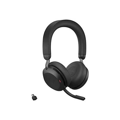 Schwarzer Jabra-Kopfhörer mit Mikrofon und USB-C-Adapter, freigestellt auf weißem Hintergrund.