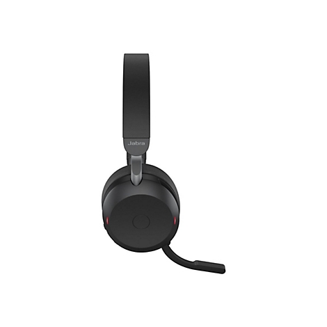 Casque Jabra noir. Bras du microphone, serre-tête et écouteur avec accent rouge.