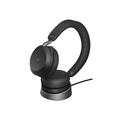 Casque Jabra noir avec station de charge ; la marque est visible.