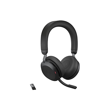 Casque circum-auriculaire noir avec microphone et dongle USB sur fond blanc. Jabra est écrit sur le casque.