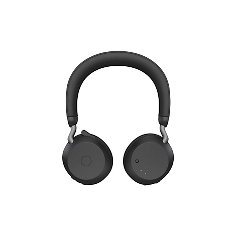 Casque noir sur fond blanc. Les coussinets sont ronds, l'arceau est rembourré.