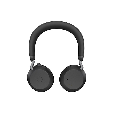 Casque noir sur fond blanc. Le casque a un bandeau rembourré et des oreillettes rondes.