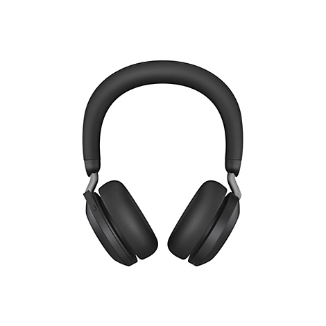 Casque circum-auriculaire noir sur fond blanc. L'arceau est incurvé, les oreillettes sont ovales.