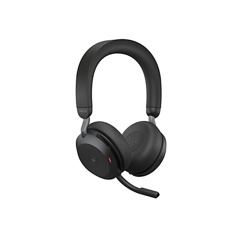 Casque noir avec microphone sur fond blanc. La marque Jabra est visible sur un écouteur.