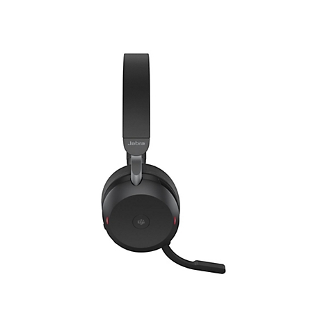 Casque Jabra noir avec microphone, sur fond blanc. Le casque porte le logo Jabra.