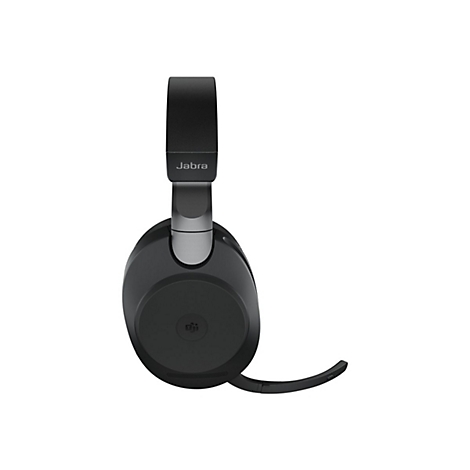 Schwarzer Jabra-Kopfhörer mit Mikrofon, Label Jabra. Das Produkt liegt vor weißem Hintergrund.