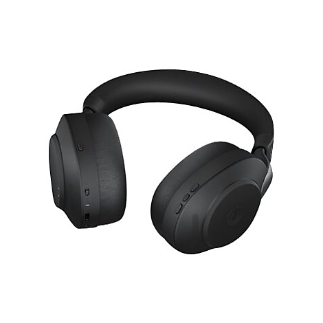 Schwarzer Over-Ear-Kopfhörer, Ansicht von vorne. Am linken Hörer befinden sich Knöpfe. Weißer Hintergrund.