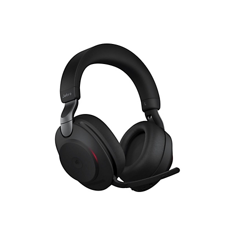 Casque Jabra noir avec microphone. Le logo Jabra est visible. Un microphone est fixé sur le côté droit.
