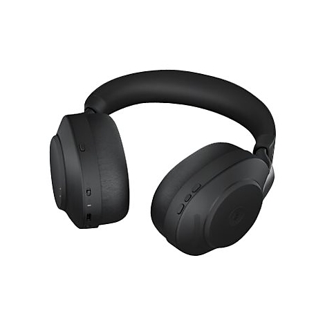 Image détaillée d'un casque noir. Les écouteurs sont grands, ronds, avec des boutons et un logo. L'arceau est réglable.
