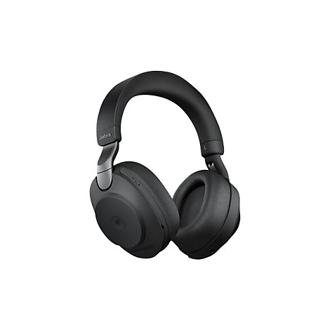Gros plan sur un casque Jabra noir. L'arceau est en haut, les oreillettes sont souples. Le logo Jabra et le marquage L sont clairement visibles.