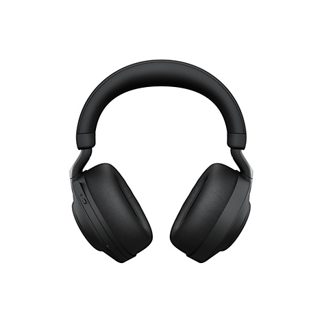 Casque circum-auriculaire noir, vue de face. L'arceau est incurvé en haut, les oreillettes sont ovales.