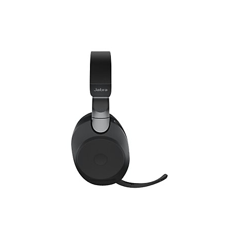 Casque Jabra noir avec microphone, sur fond blanc. Le casque a un arceau et un Ã©couteur rond.