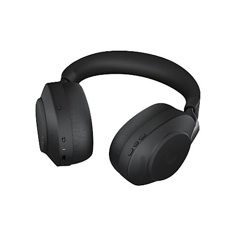 Casque noir. Les deux oreillettes et le bandeau sont visibles.