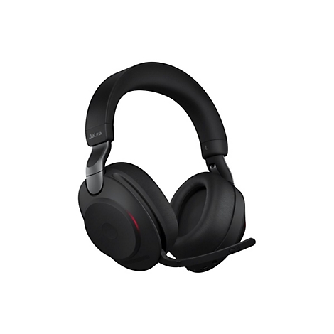 Casque Jabra noir avec microphone. Vue détaillée du casque, texte 'Jabra' sur le bandeau.