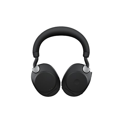 Casque noir sur fond blanc, écouteurs et serre-tête.