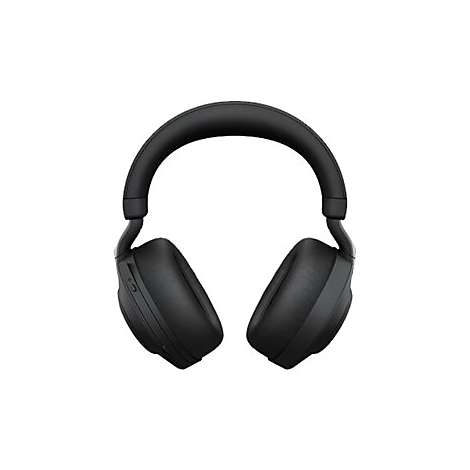 Casque noir avec oreillettes, bandeau rembourré, fond blanc.