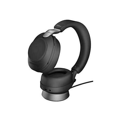 Casque Jabra noir. Les oreillettes, l'arceau et la base sont présentés dans des tons de gris.