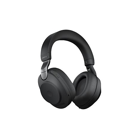 Casque noir avec coussinets rembourrÃ©s. Le bandeau porte le nom de la marque Jabra.