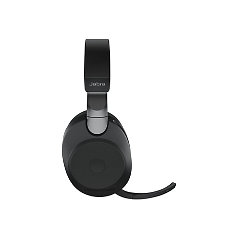 Casque Jabra noir avec microphone, sur fond blanc. Le logo Jabra est visible sur le bandeau.