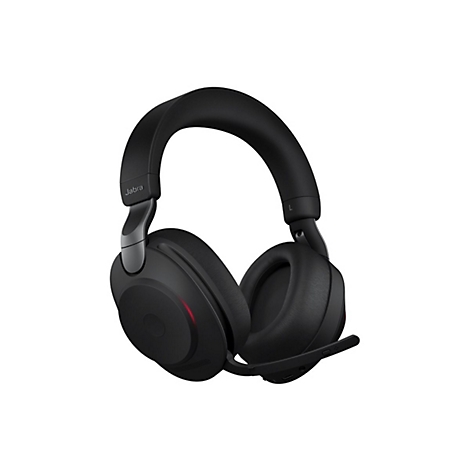 Casque noir avec microphone. Le casque a un bandeau et est prÃ©sentÃ© sur fond blanc.