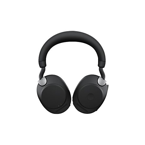 Casque noir avec oreillettes, arceau rembourré et accents argentés sur fond blanc.