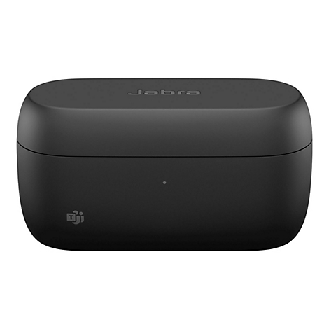 Schwarze Jabra-Ladebox; oben steht „Jabra“. Auf der Box ein kleines Logo.