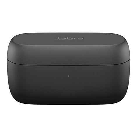 Schwarze Ladebox für Jabra-Kopfhörer, Schriftzug 'Jabra' oben. Rechteckige Form, abgerundete Ecken, kleine LED.